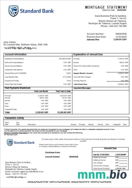 Zjednoczone Królestwo Standard Bank wyciąg z kredytu hipotecznego w formatach Word i PDF